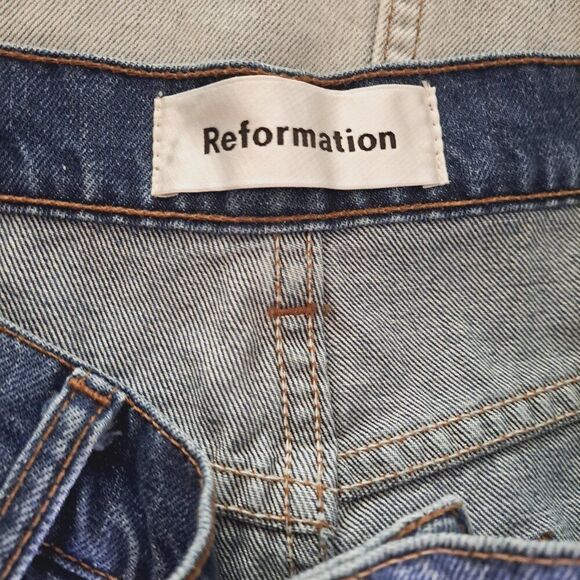 Reformation Ella Jean Mini Skirt Women's Blue Color Block Distress Zip Fly Sz 30 - Picture 6 of 8